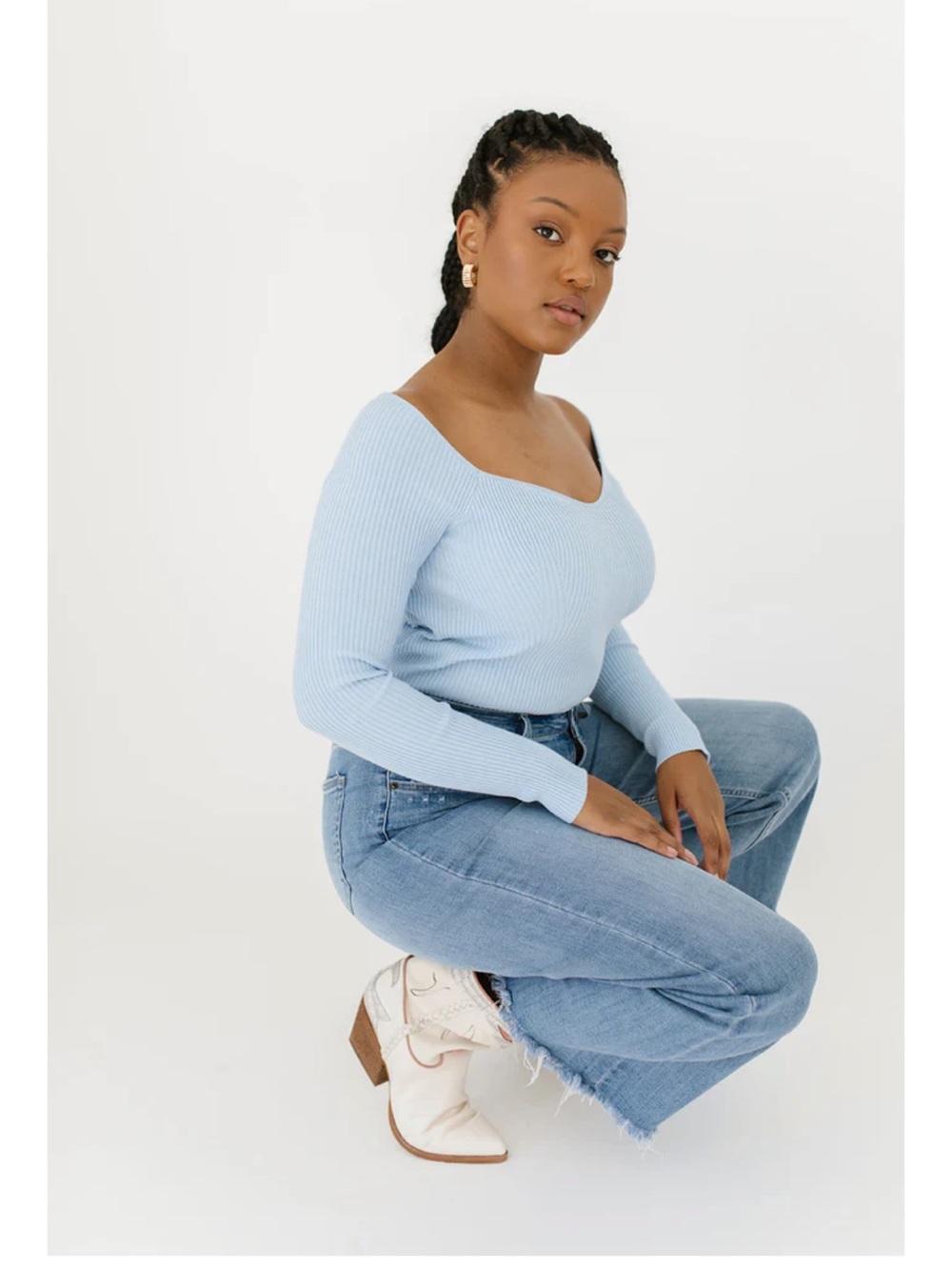 SHOP ZOCO 🩵🩵 Light Blue Ribbed sweetheart Long Sleeve Crop Top NWT